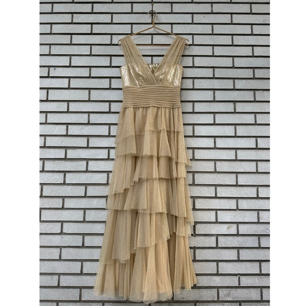 Tadashi Shoji Gold Tiered Gown Petite 6P Sequin V-Neck Tulle Formal Dress Hoco - Picture 2 of 12